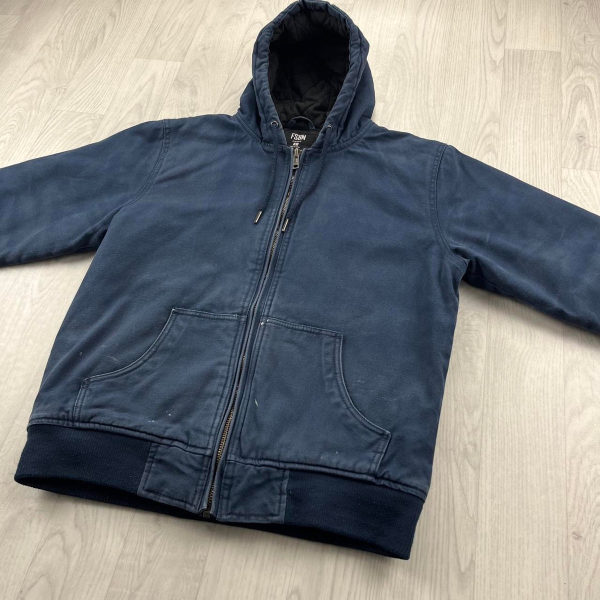 VINTAGE Y2K FISHBONE HOODED WORKWEAR BOMBER JACKET NAVY