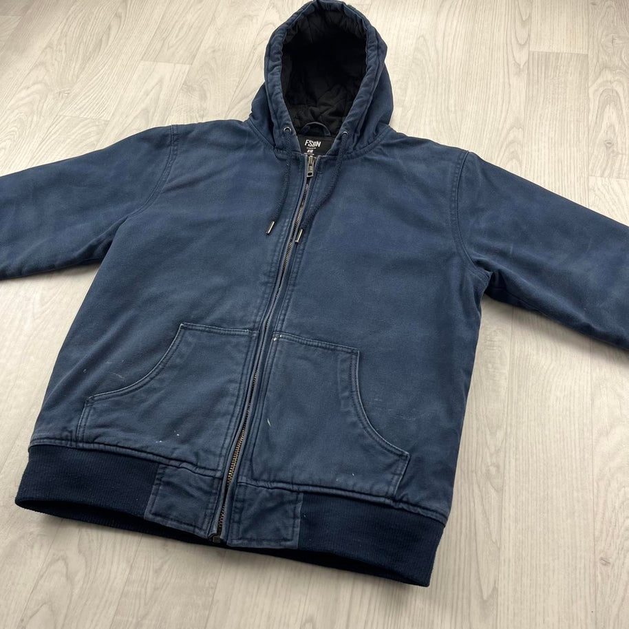 VINTAGE Y2K FISHBONE HOODED WORKWEAR BOMBER JACKET NAVY