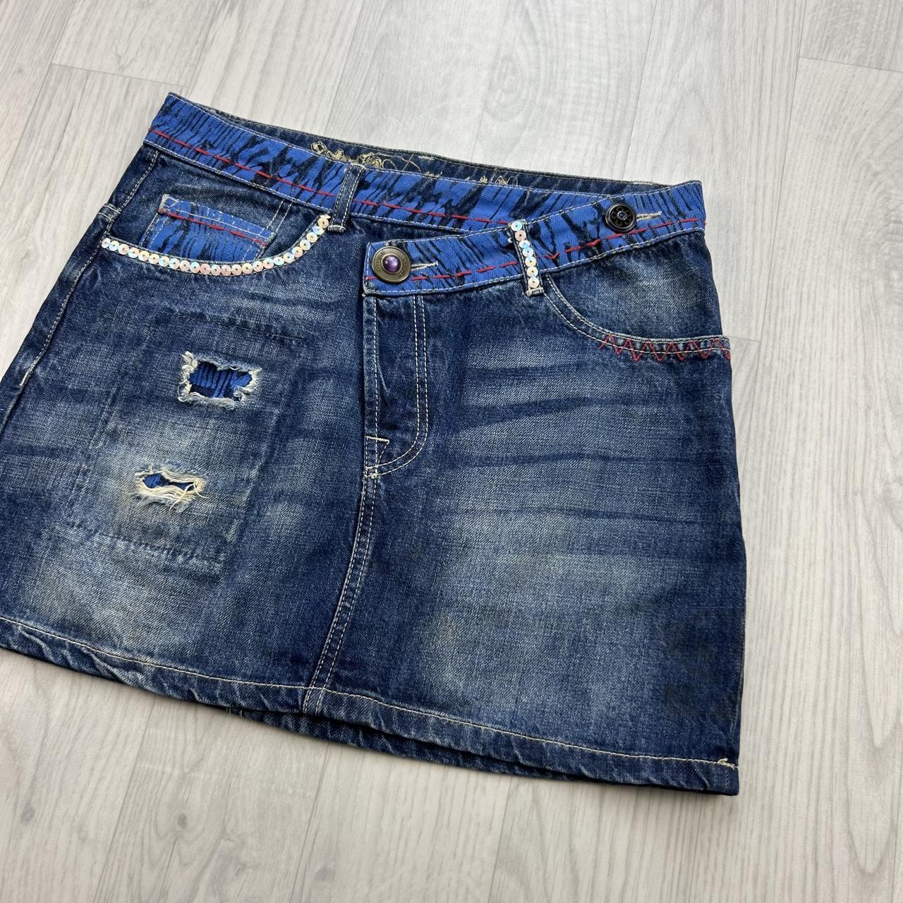 VINTAGE Y2K DESIGUAL DENIM ASYMMETRIC MINI SKIRT BLUE