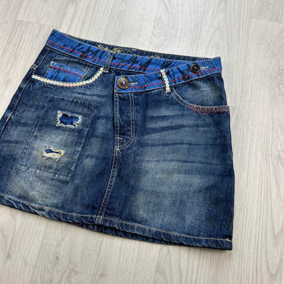 VINTAGE Y2K DESIGUAL DENIM ASYMMETRIC MINI SKIRT BLUE