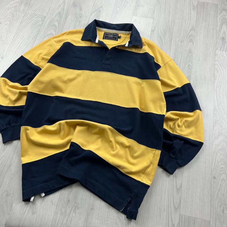 VINTAGE Y2K STRIPED LONG SLEEVE RUGBY POLO SHIRT NAVY / YELLOW