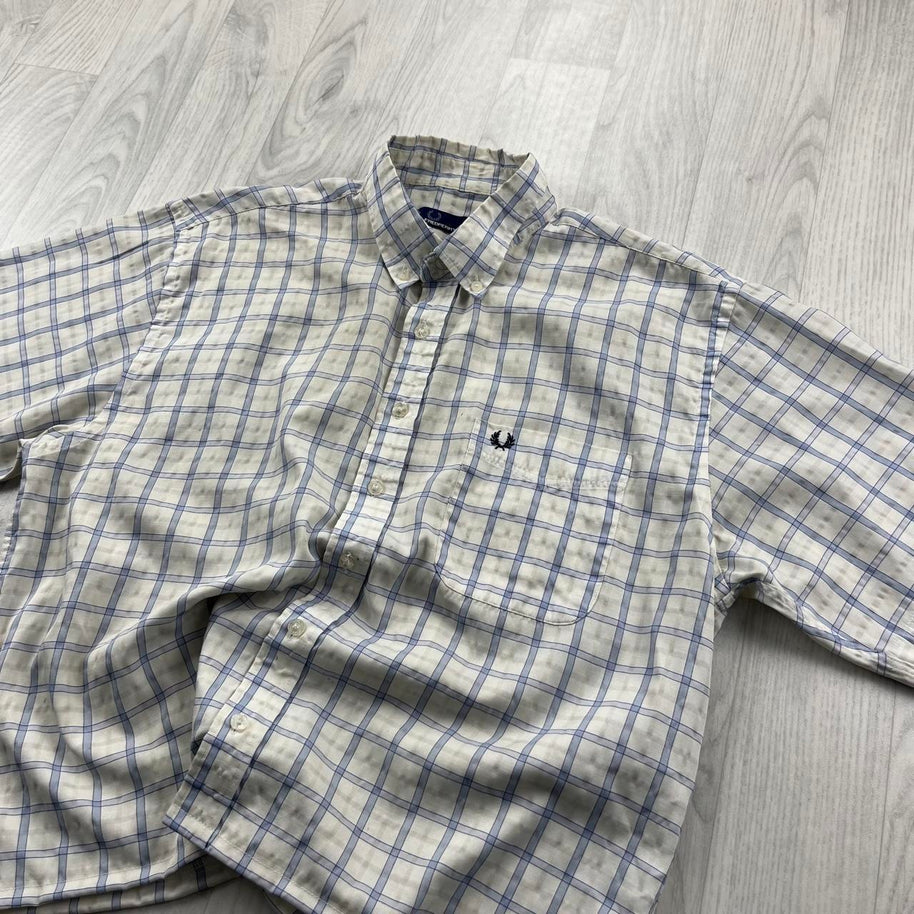 VINTAGE 00s FRED PERRY CHECKERED CROPPED SHORT SLEEVE BUTTON UP SHIRT WHITE
