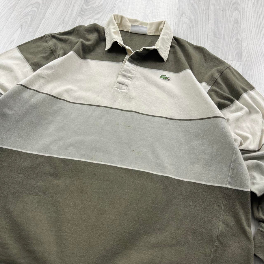 VINTAGE Y2K LACOSTE STRIPED LONG SLEEVE RUGBY POLO SHIRT KHAKI