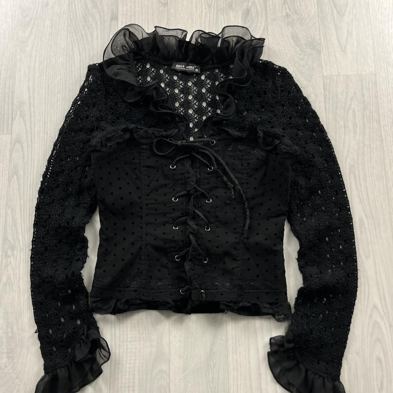 VINTAGE Y2K LONG SLEEVE CROTCHET CORSET RUFFLE TOP BLACK