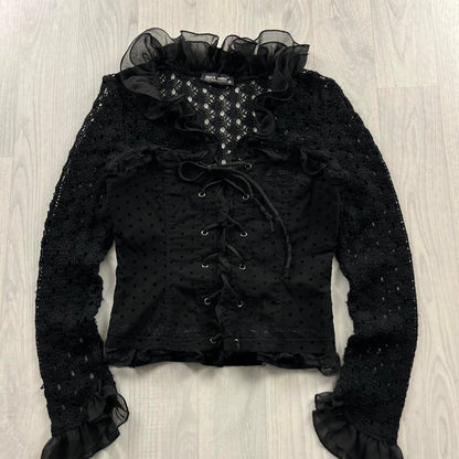 VINTAGE Y2K LONG SLEEVE CROTCHET CORSET RUFFLE TOP BLACK