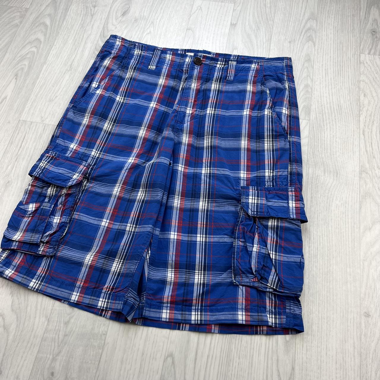 VINTAGE Y2K URBAN PIPELINE BAGGY CHECKERED PLAID CARGO SHORTS BLUE