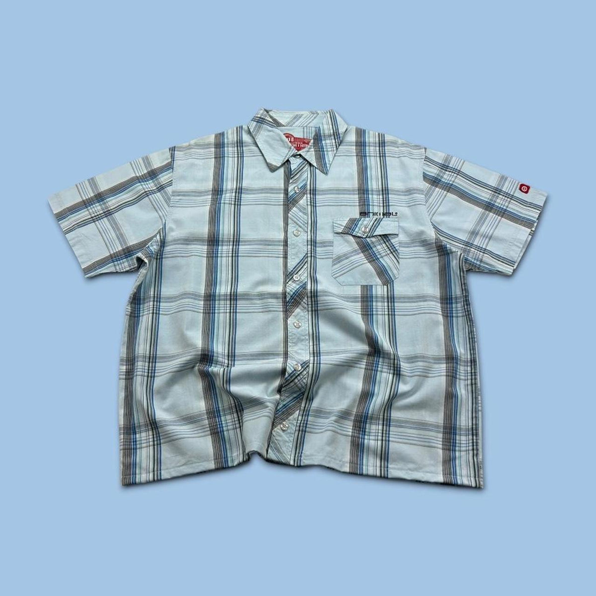 VINTAGE 00s ANIMAL CHECKERED CROPPED SHORT SLEEVE BUTTON UP SHIRT LIGHT BLUE