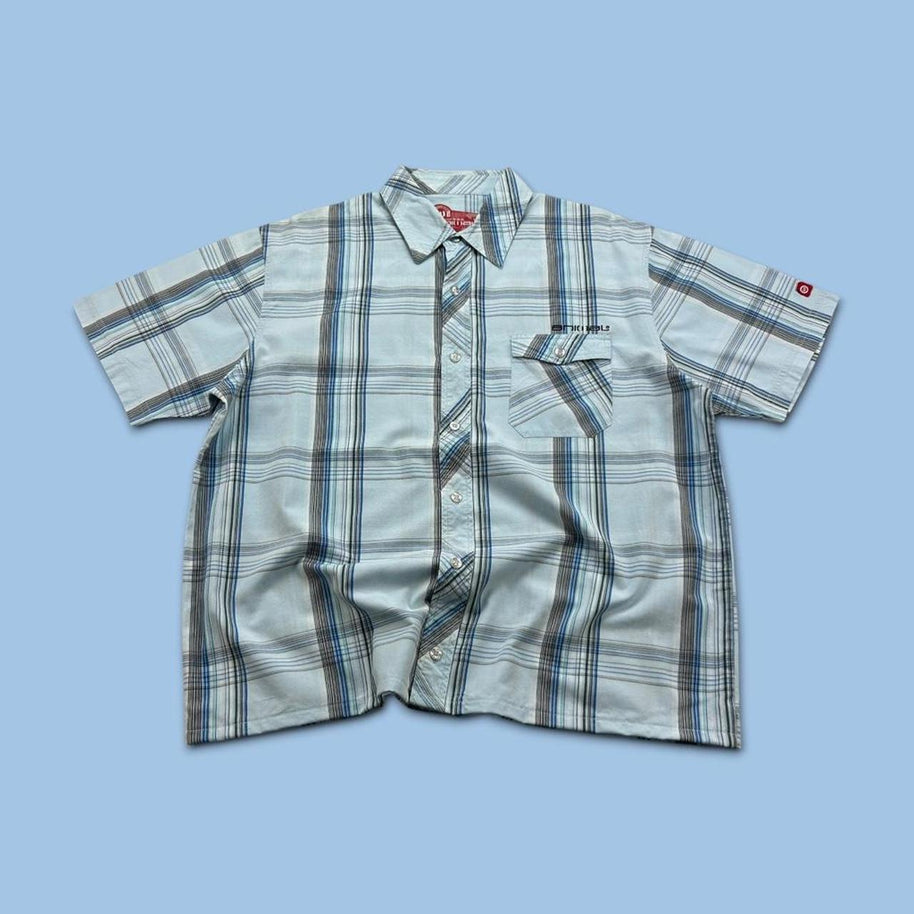 VINTAGE 00s ANIMAL CHECKERED CROPPED SHORT SLEEVE BUTTON UP SHIRT LIGHT BLUE