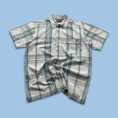 VINTAGE Y2K ANIMAL PLAID SHORT SLEEVE BUTTON SHIRT WHITE / BLUE