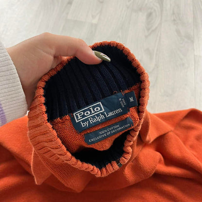 VINTAGE Y2K POLO RALPH LAUREN QUARTER ZIP CHUNKY KNITTED JUMPER ORANGE