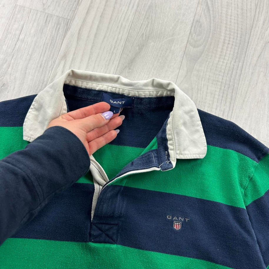 VINTAGE Y2K GANT STRIPED LONG SLEEVE RUGBY POLO SHIRT GREEN NAVY
