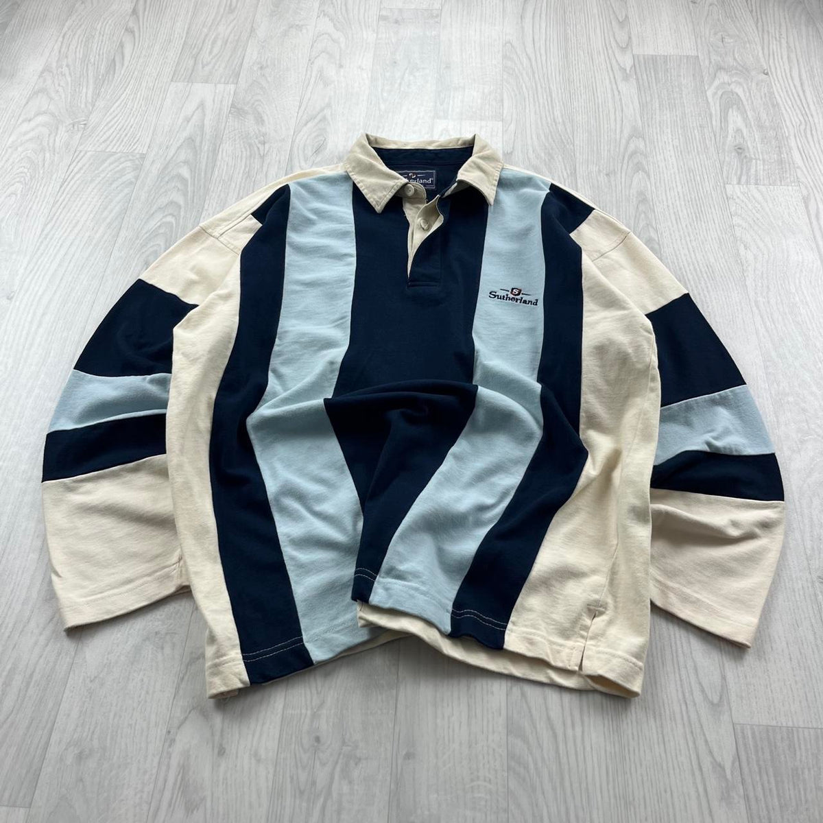 VINTAGE Y2K STRIPED LONG SLEEVE RUGBY POLO SHIRT WHITE BLUE
