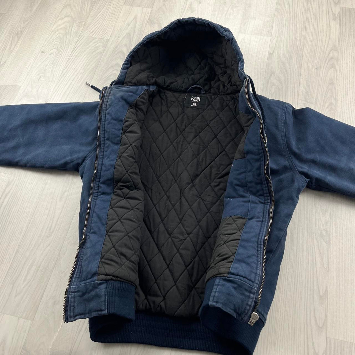 VINTAGE Y2K FISHBONE HOODED WORKWEAR BOMBER JACKET NAVY