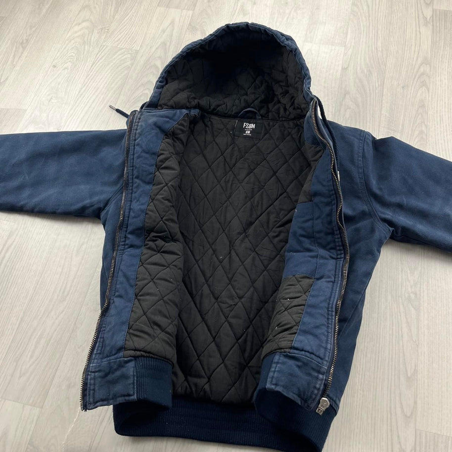 VINTAGE Y2K FISHBONE HOODED WORKWEAR BOMBER JACKET NAVY