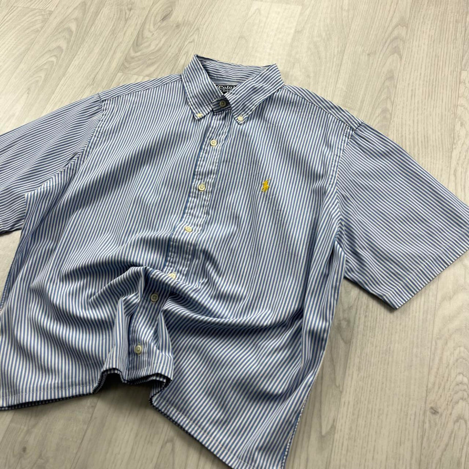 VINTAGE 00s RALPH LAUREN STRIPED CROPPED SHORT SLEEVE BUTTON UP SHIRT BLUE