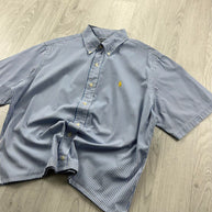 VINTAGE 00s RALPH LAUREN STRIPED CROPPED SHORT SLEEVE BUTTON UP SHIRT BLUE