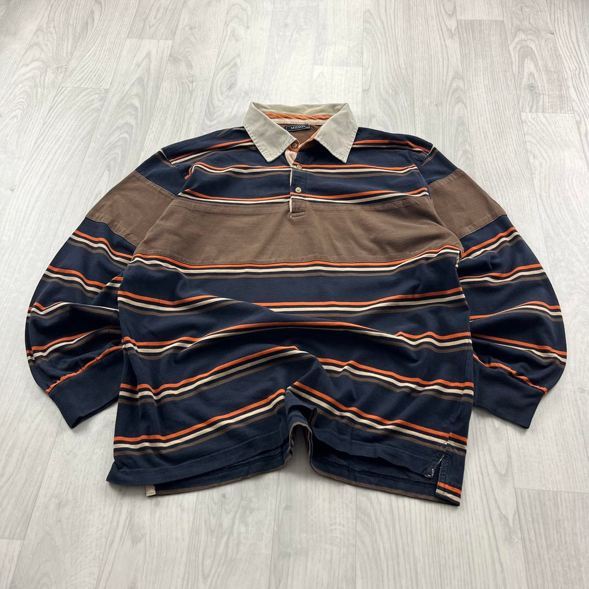 VINTAGE Y2K MISSON STRIPED LONG SLEEVE RUGBY POLO SHIRT BROWN