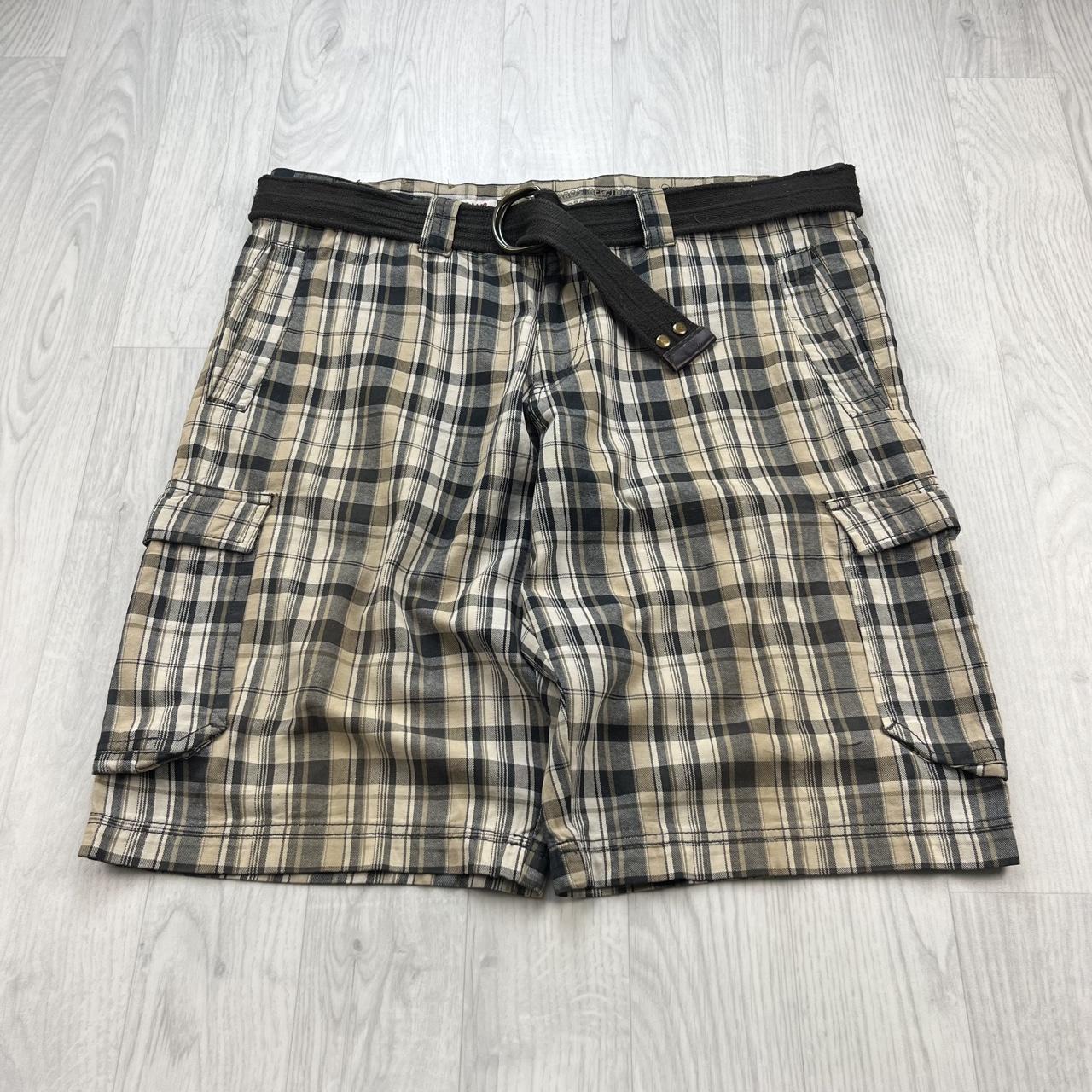 VINTAGE Y2K BAGGY CHECKERED PLAID CARGO SHORTS BEIGE