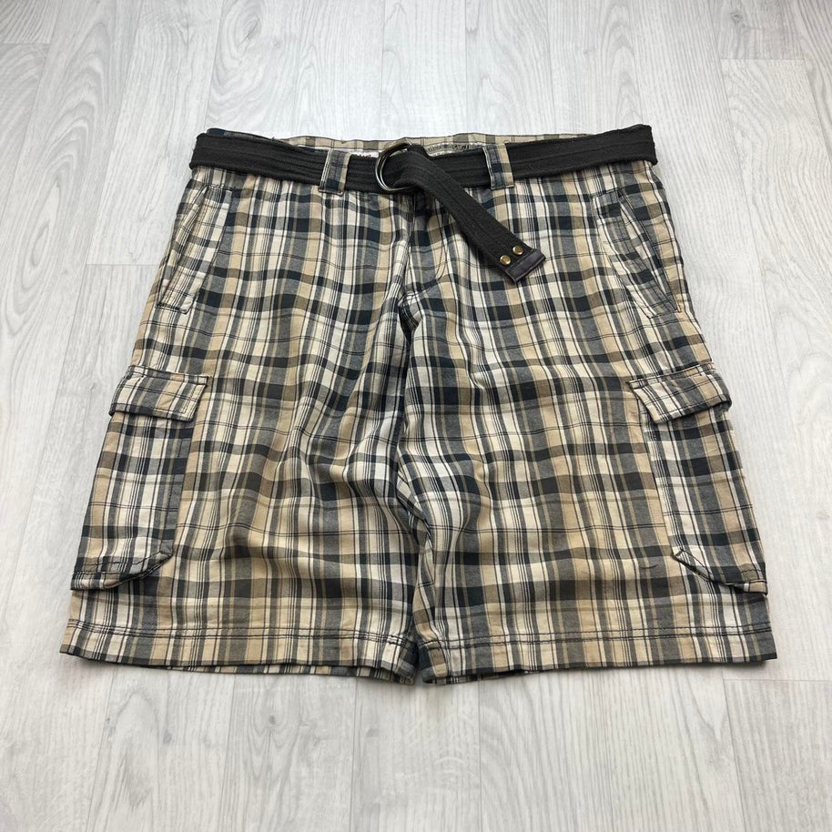 VINTAGE Y2K BAGGY CHECKERED PLAID CARGO SHORTS BEIGE