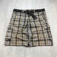 VINTAGE Y2K BAGGY CHECKERED PLAID CARGO SHORTS BEIGE