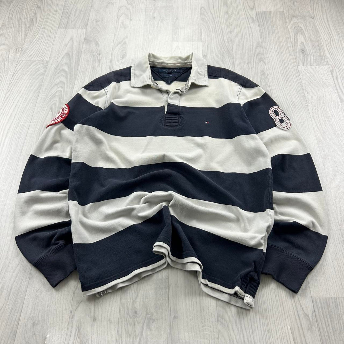 VINTAGE Y2K TOMMY HILFIGER STRIPED LONG SLEEVE RUGBY POLO SHIRT WHITE / NAVY