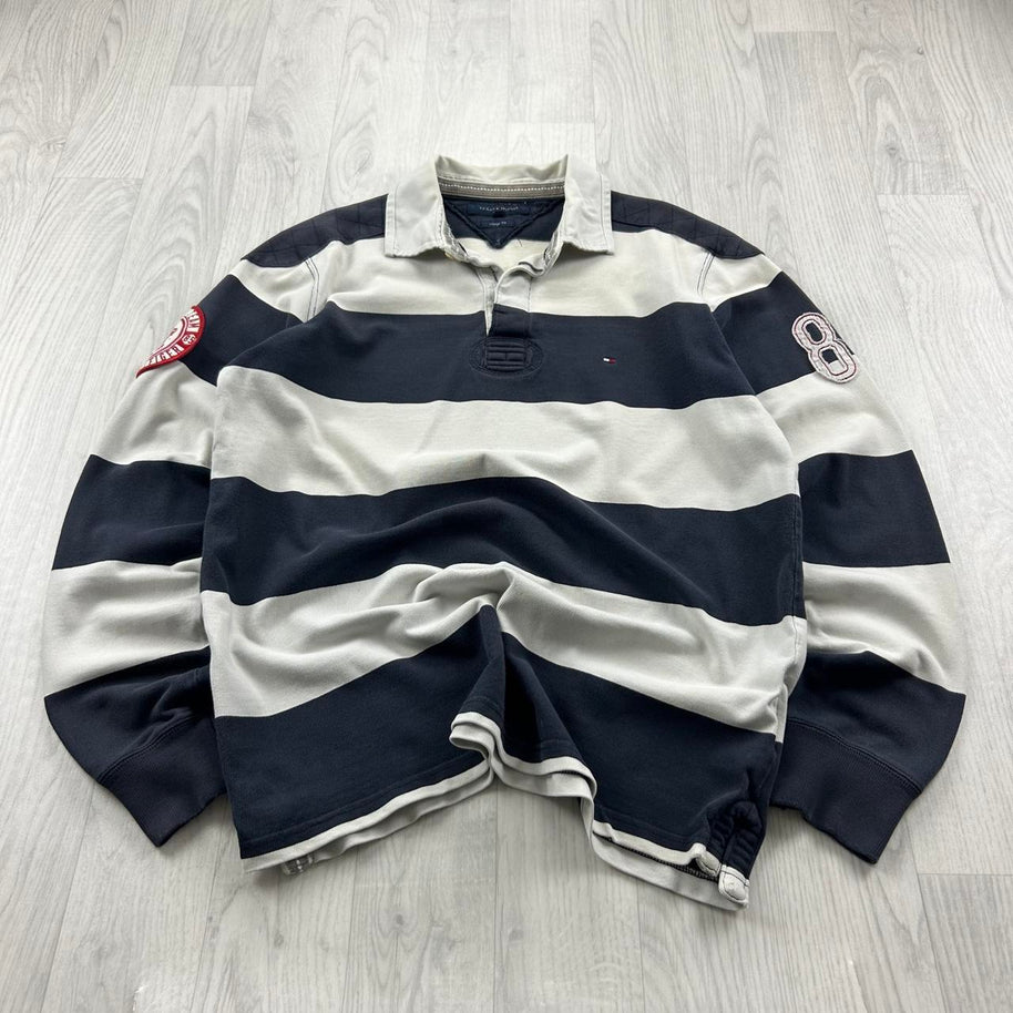 VINTAGE Y2K TOMMY HILFIGER STRIPED LONG SLEEVE RUGBY POLO SHIRT WHITE / NAVY