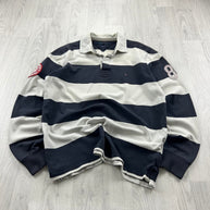VINTAGE Y2K TOMMY HILFIGER STRIPED LONG SLEEVE RUGBY POLO SHIRT WHITE / NAVY