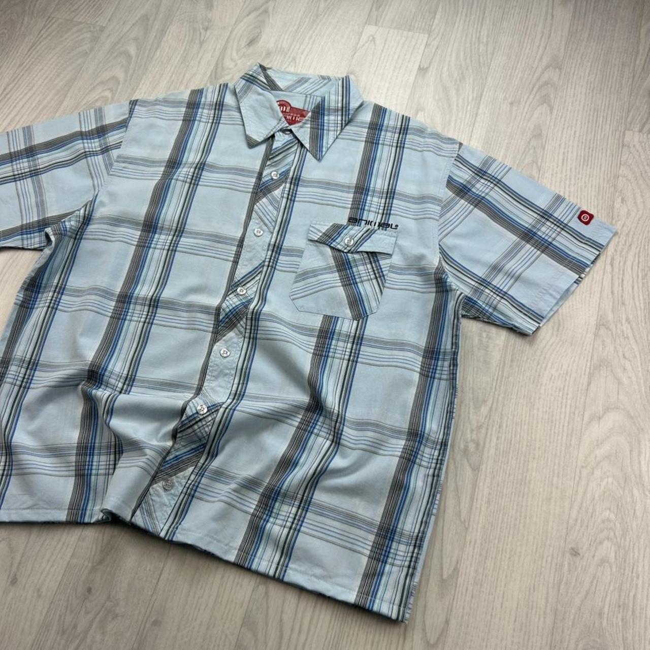 VINTAGE 00s ANIMAL CHECKERED CROPPED SHORT SLEEVE BUTTON UP SHIRT LIGHT BLUE