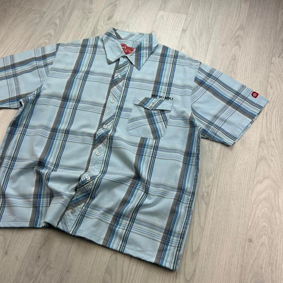 VINTAGE 00s ANIMAL CHECKERED CROPPED SHORT SLEEVE BUTTON UP SHIRT LIGHT BLUE