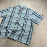 VINTAGE 00s ANIMAL CHECKERED CROPPED SHORT SLEEVE BUTTON UP SHIRT LIGHT BLUE