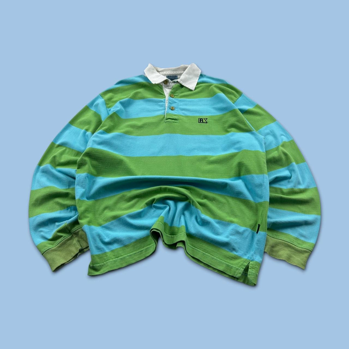 VINTAGE Y2K STRIPED LONG SLEEVE GRAPHIC RUGBY POLO SHIRT GREEN / BLUE