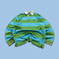 VINTAGE Y2K STRIPED LONG SLEEVE GRAPHIC RUGBY POLO SHIRT GREEN / BLUE