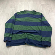 VINTAGE Y2K STRIPED LONG SLEEVE RUGBY POLO SHIRT GREEN / NAVY