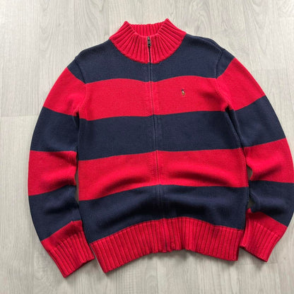 VINTAGE Y2K POLO RALPH LAUREN CHUNKY STRIPED ZIP KNITTED JUMPER NAVY RED