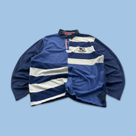 VINTAGE Y2K STRIPED LONG SLEEVE RUGBY POLO SHIRT NAVY BLUE