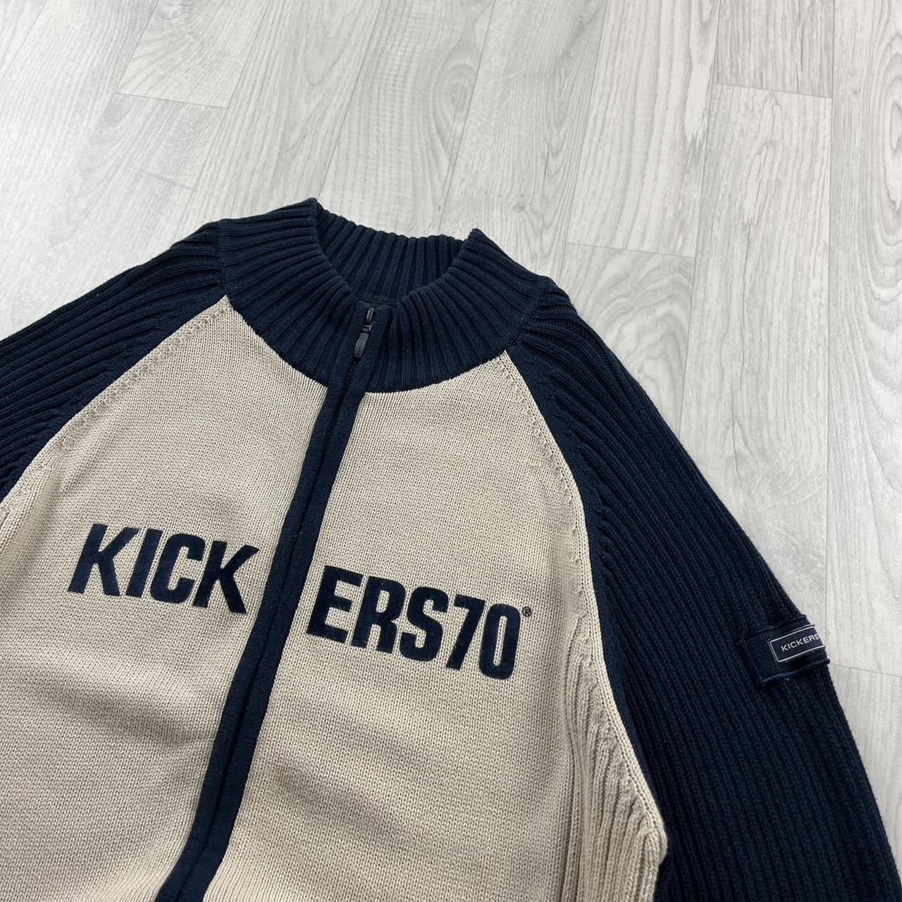 VINTAGE Y2K KICKERS CHUNKY RIBBED SPELL OUT ZIP KNITTED JUMPER CREAM NAVY