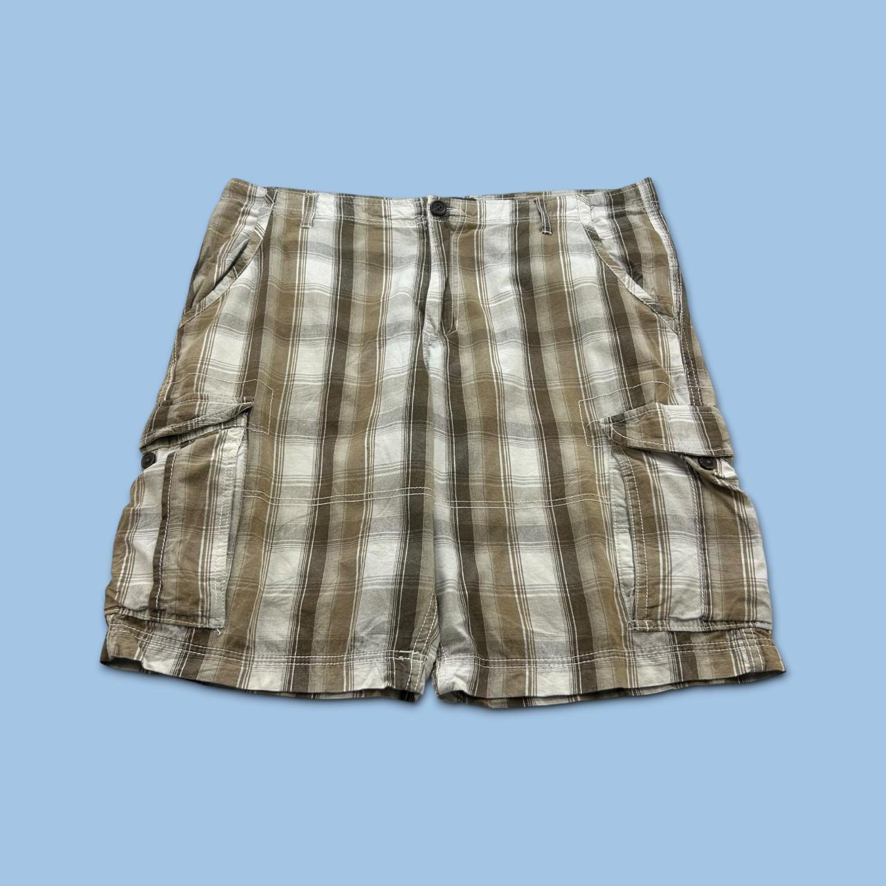 VINTAGE Y2K NO BOUNDARIES BAGGY CHECKERED PLAID CARGO SHORTS BEIGE