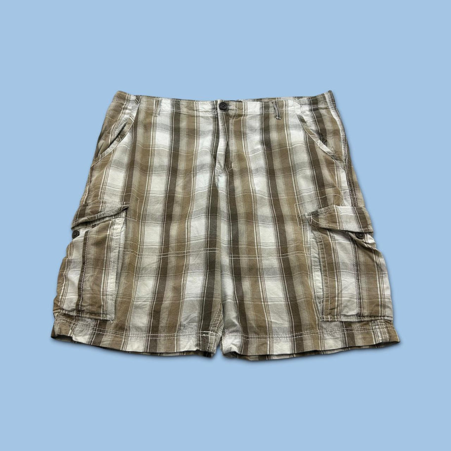 VINTAGE Y2K NO BOUNDARIES BAGGY CHECKERED PLAID CARGO SHORTS BEIGE