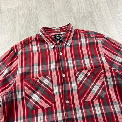 VINTAGE Y2K STUSSY SHORT SLEEVE PLAID CHECKERED SHIRT RED