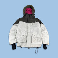 VINTAGE Y2K BILLABONG PIN STRIPE FUR HOOD KI JACKET BROWN / WHITE