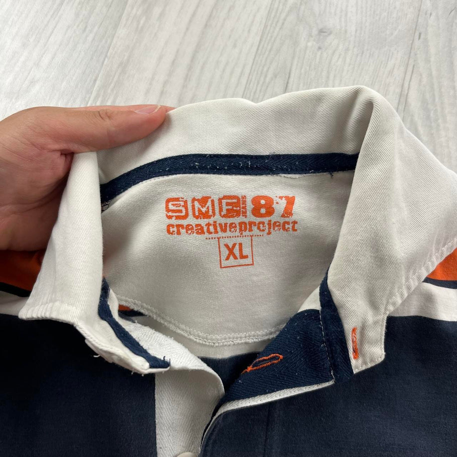 VINTAGE Y2K SMF STRIPED LONG SLEEVE RUGBY POLO SHIRT ORANGE / NAVY
