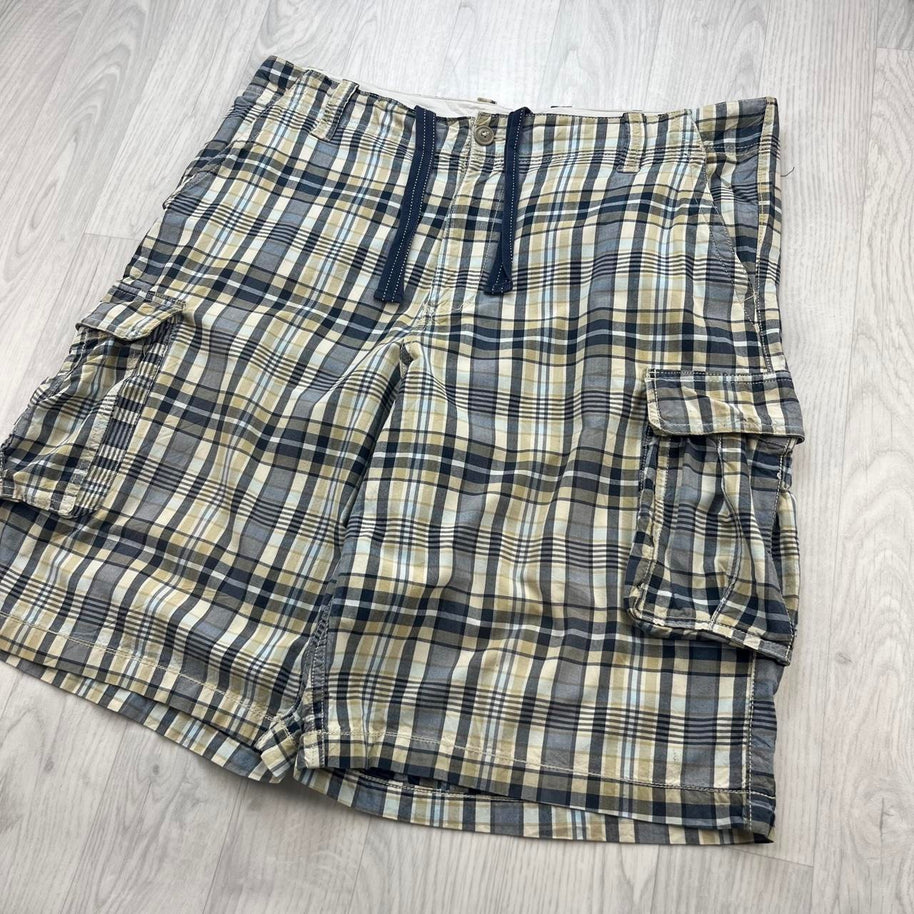 VINTAGE Y2K BAGGY CHECKERED PLAID CARGO SHORTS GREY / YELLOW