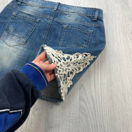 VINTAGE Y2K DENIM LACE MINI SKIRT BLUE WHITE