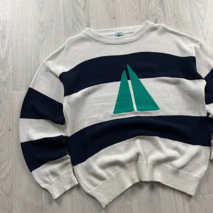 VINTAGE Y2K LACOSTE CHUNKY STRIPED KNITTED JUMPER WHITE NAVY