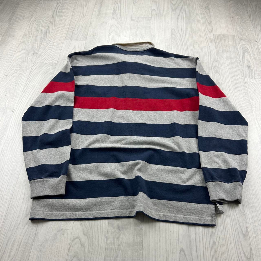 VINTAGE Y2K TOMMY HILFIGER STRIPED LONG SLEEVE RUGBY POLO SHIRT GREY / NAVY