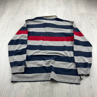 VINTAGE Y2K TOMMY HILFIGER STRIPED LONG SLEEVE RUGBY POLO SHIRT GREY / NAVY