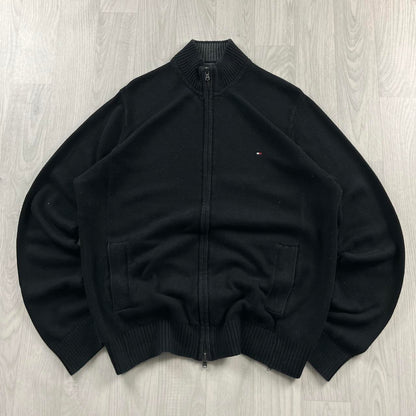 VINTAGE Y2K TOMMY HILFIGER ZIP KNITTED JUMPER BLACK (XL)