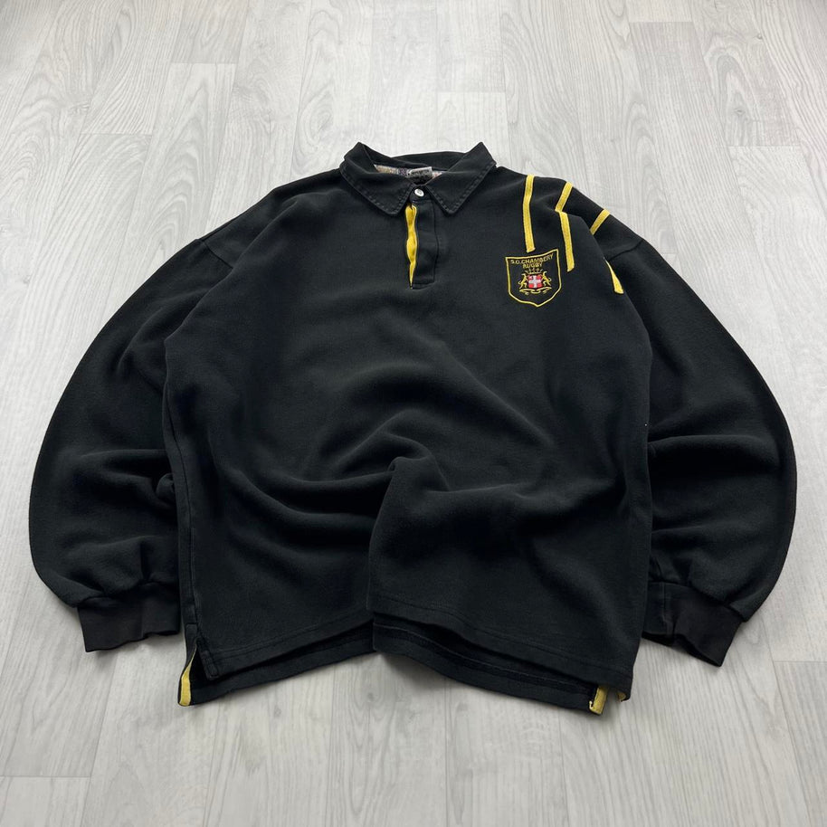 VINTAGE Y2K HEAVYWEIGHT LONG SLEEVE RUGBY POLO SHIRT BLACK