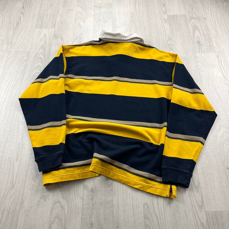 VINTAGE Y2K STRIPED LONG SLEEVE RUGBY POLO SHIRT YELLOW NAVY