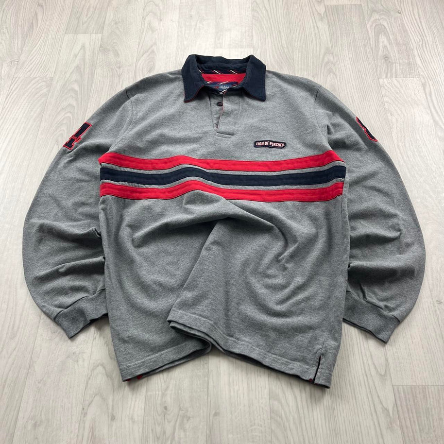 VINTAGE Y2K LION OF PORCHES STRIPED LONG SLEEVE RUGBY POLO SHIRT GREY